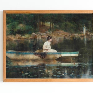 ART PRINT | Vintage Woman Fishing Oil Painting | Lake Landscape Art Print | Antique Woman Painting | Girl Fishing Home Decor | River Artwork