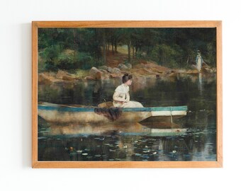 May include: A painting of a woman in a white dress sitting in a rowboat on a lake. The lake is surrounded by trees and there is a woman in a white dress standing on the shore in the background.