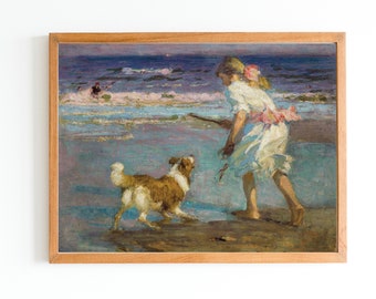 IMPRESSION D'ART | peinture à l'huile vintage pour les fêtes de fin d'année | Filles sur la plage avec un chien | Paysage marin avec oeuvres d'art | Impression d'art murale côtière