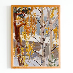 KUNSTDRUCK | Erster Schnee im Wald Ölgemälde | Herbst Birken Landschaft Poster | Gelbe Herbstlaub Art Print | Vintage Kunst