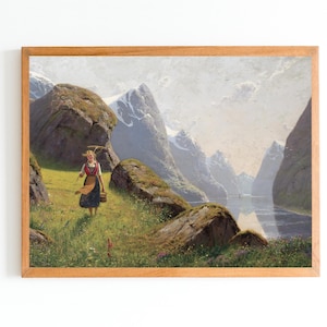 ART PRINT | Summer in the Norwegian Fjord Oil Painting | Mountains Wall Art | Farmhouse Decor | Country Painting | Lake Print | Decor Art