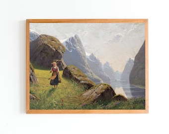 ART PRINT | Summer in the Norwegian Fjord Oil Painting | Mountains Wall Art | Farmhouse Decor | Country Painting | Lake Print | Decor Art