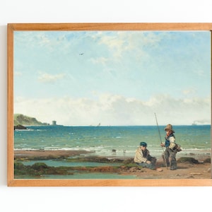 ART PRINT | Two Boys Fishing Antique Oil Painting | Vintage Beach Fishing Art | Children Fishing  Print | Brothers Painting | Seascape Art