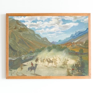 ART PRINT | Vintage Polo Game Oil Painting | Horse Riders Wall Art Print | Polo Horse Player Artwork | Running Horses Print