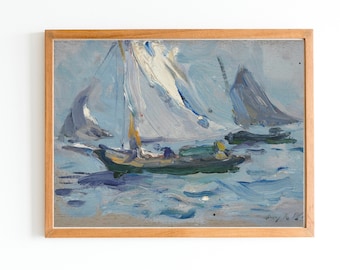 Vintage Seascape Painting Art Print | Coastal Sailboat Wall Art