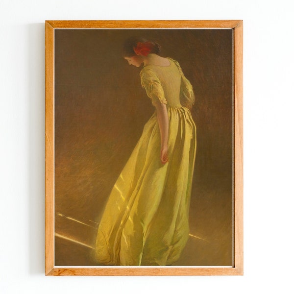 ART PRINT | Lady in Golden Dress Oil Painting | Woman Portrait With Long Yellow Dress | Female Painting | Old Fashion Print | Elegant Girl