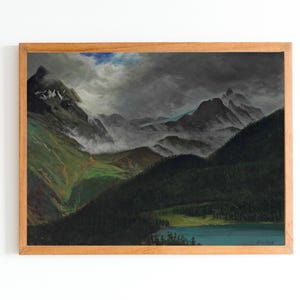 ART PRINT | Vintage American Mountains Oil Painting | Dramatic Light on Mountain Lake Art |  Dark Clouds Wall Art Print | Moody Painting