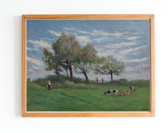 ART PRINT | Landscape Oil  Painting | Cows  Artwork | Countryside Art | Pasture Oil Painting | Farm Print | Cottage Decor | Farmhouse Decor