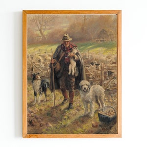 ART PRINT | Shepherd and Lamb Oil Painting | Farmhouse Print | Sheep Print Vintage | Border Collie and Terrier Oil Painting