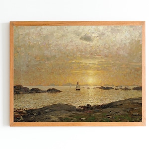 IMPRESIÓN ARTÍSTICA / Pintura al óleo de paisaje marino vintage / Impresión de puesta de sol sobre la bahía / Obra de arte costera / Impresión de arte mural impresionista / Obra de arte del amanecer