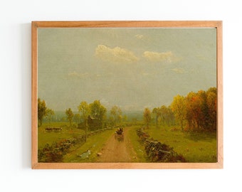 ART PRINT | Carriage in a Country Road | Vintage Landscape Oil Painting | Autumn Pastoral Art | Country Art Print | Fall Painting