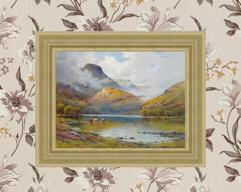 Mountain Lake Painting Mountain Landscape Art FREE SHIPPING Cow Herd Oil Painting Farmhouse Decor