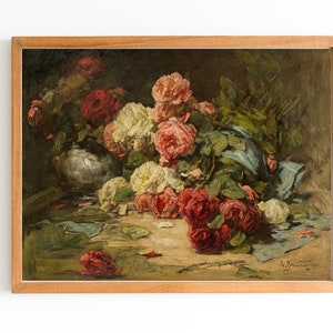 IMPRESIÓN ARTÍSTICA / Bodegón vintage con rosas / Pintura al óleo de rosas rosadas y blancas / Pintura de bodegón antiguo / Pintura de flores