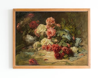 ART PRINT | Vintage Still Life With Roses | Pink and White Roses Oil Painting | Antique Still Life Painting | Flowers Painting