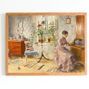 IMPRESIÓN ARTÍSTICA / Arte de escena interior vintage / Pintura de interior de sala de estar / Arte de mujer leyendo una carta / Retrato de mujer antiguo