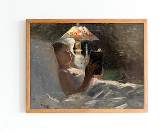 May include: A painting depicting a woman lying in bed, reading a book under a stained glass lamp. She is wearing a white nightgown and has her hair tied back. The lamp hangs from the ceiling, casting a warm light on the scene.