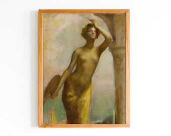 ART PRINT | Vintage Golden Oil Painting | Female Figurative Artwork | Naked Woman Art | Artist Portrait | Painter with Palette Portrait