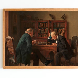 CARTA D'ARTE / Gioco vintage di pittura a scacchi / Stampa artistica di due gentiluomini che giocano a scacchi / Arte d'interni vintage / Arte della biblioteca rustica
