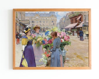 ART PRINT | Paris Street Oil Painting | Vintage Flower Sellers Art | Antique Paris Artwork | Flower Market Art Print | Architecture Painting