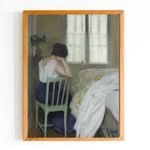 ART PRINT | Vintage Woman Oil Portrait | Interior Scene Painting | Moody Painting | Portrait Woman Print | Antique Bedroom