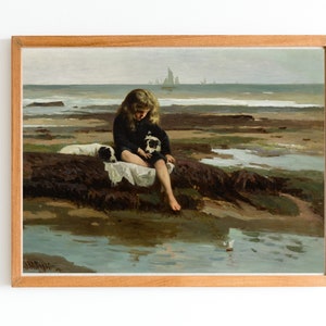 ART PRINT | Beach Oil Painting | Girl and Dog Artwork | Girl and Puppies | Seascape Oil Painting | Childhood Art | Coastal