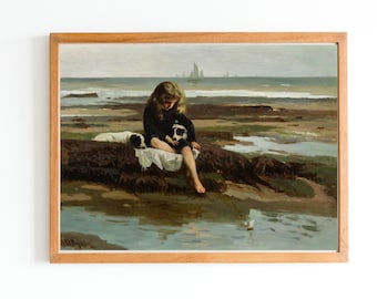 ART PRINT | Beach Oil Painting | Girl and Dog Artwork | Girl and Puppies | Seascape Oil Painting | Childhood Art | Coastal