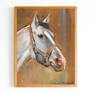 ART PRINT | Portrait of a White Horse Oil Painting | Antique Horse Art Print | Vintage Equestrian Art Print | Farmhouse Wall Art