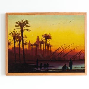KUNSTDRUCK | Sonnenuntergang über dem Nil Landschaftsgemälde | Vintage Ägypten Landschaft Kunst | Sonnenuntergang Kunstdruck | Exotische Palmen Wandkunst