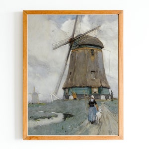 ART PRINT | Vintage Watercolor Windmill Painting | Dutch Landscape Art Print | Country Landscape | Holand Netherlands Print | Old Mill Print