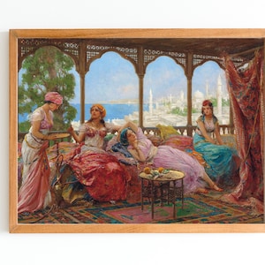 IMPRESSION D&#39;ART | peinture à l&#39;huile orientaliste vintage | à l&#39;intérieur de la maison turque | Belles femmes turques Art | Art oriental d&#39;Istanbul