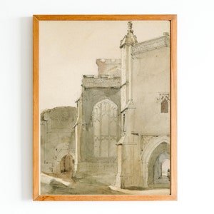 ART PRINT | Watercolor Church Oil Painting | Vintage Architecture Drawing | Vintage Sepia Art | Religion Art Print | Neutral Artwork