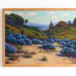 ART PRINT | Vintage Summer Landscape Oil Painting | Antique Blooming Field of Lupins Wall Art Print | Wild Flowers Artwork | Meadow Artwork