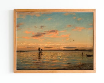 ART PRINT | Ships on the Beach at Sunset Oil Painting | Vintage Sunset Art | Vintage Seaside Print | Sunrise Ocean Art Print | Seascape Art
