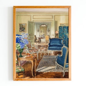 ART PRINT | Blue Vintage Home Interior Art Print | Watercolor Antique Interior Painting | Luxurious Home Decor | Classic Watercolor Artwork