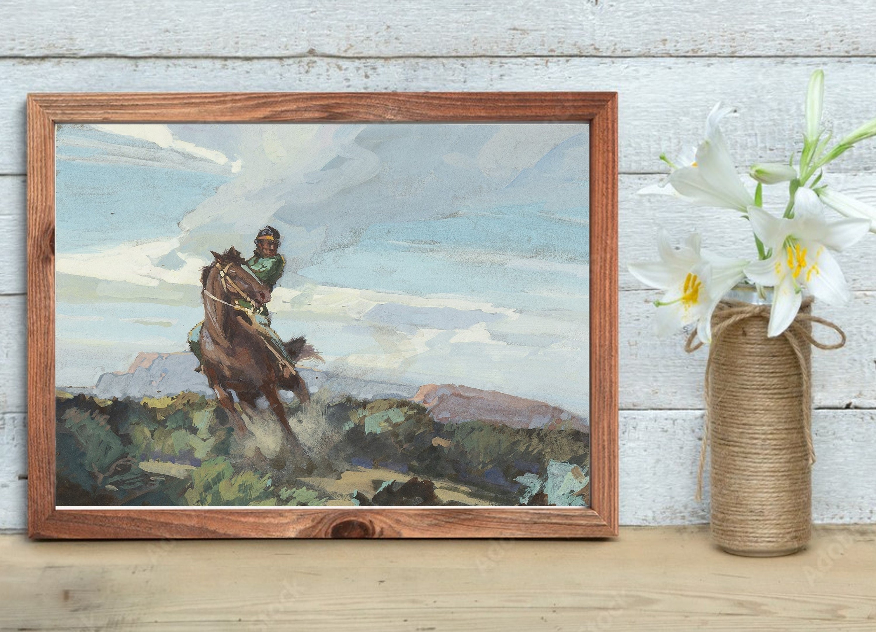 Western Oil Painting Art Print | Wild Horse, Cowboy Landscape - Etsy