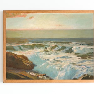 ART PRINT | Muted Ocean Waves Oil Painting | Vintage Wall Art Print | Antique Painting | Ocean Storm  Art Print | Sea Cliffs