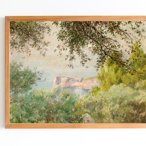 ART PRINT | Vintage Mallorca Coastal Oil Painting | Spanish Seaside Wall Art Decor | Mallorca Travel Memory Gift |Sunny Cliffs Painting