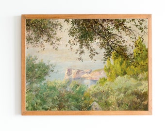 ART PRINT | Vintage Mallorca Coastal Oil Painting | Spanish Seaside Wall Art Decor | Mallorca Travel Memory Gift |Sunny Cliffs Painting