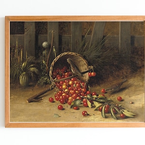 ART PRINT | Vintage Cherries Oil Painting | Cherry Art Print | Antique Fruit Wall Art | Fruit Kitchen Wall Art | Cherries Still Life