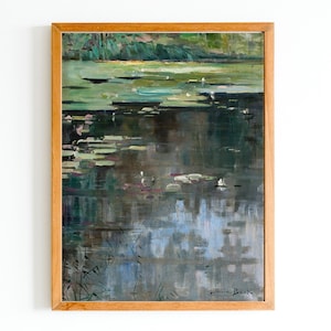 KUNSTDRUCK | Vintage Landschaft Ölgemälde | Ruhiger Fluss in einem Grünen Wald Wand Kunst Druck | Teich mit Seerosen und Wiesen Print