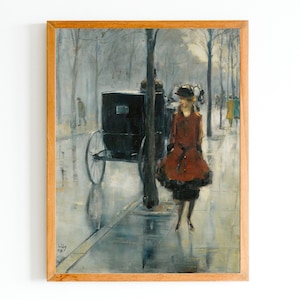 ART PRINT | Berlin Street Scene with Woman Oil Painting | Vintage Female Wall Art Print | Old Timer Car Painting