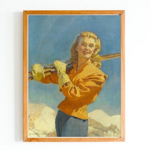 KUNSTDRUCK | Vintage Frau Portrait Ölgemälde | Altes Magazin-Cover | Blondes Mädchen Druck | Mädchen Skiing Art