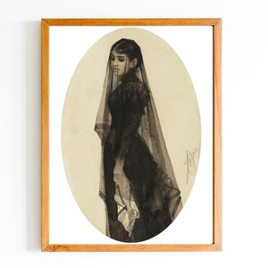 ART PRINT | Portrait of Beautiful Woman in Black Veil | Vintage Watercolor Painting | Classic Portrait | Woman in Black Art | Feminine Art
