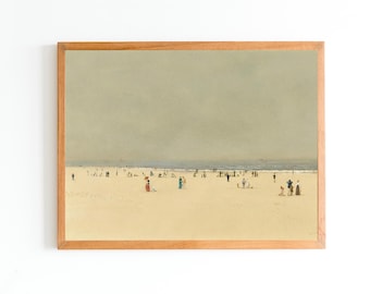 May include: A framed painting depicting a beach scene with a light gray sky and a sandy beach with many small figures of people. The beach is a light beige color.