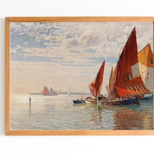 ART PRINT | Fishermen in the Venetian Lagoon Wall Decor | Sailboats Oil Painting | Nautical Decor | Venice Skyline Artwork | Seascape Print