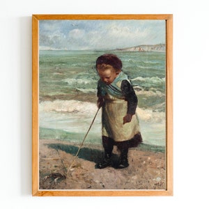 ART PRINT | Vintage Little Girl Oil Painting | Girl on the Beach Wall Art | Nursery Decor | Childhood  Print | Antique Coastal Home Decor