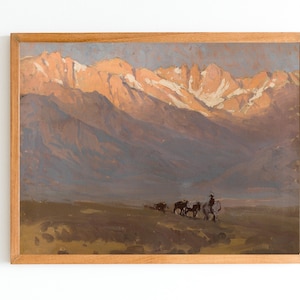 ART PRINT | Vintage Western Oil Painting | Wild West Wall Art Print | High Sierras Home Decor | Rider with Pack Horses Beneath Mount Whitney