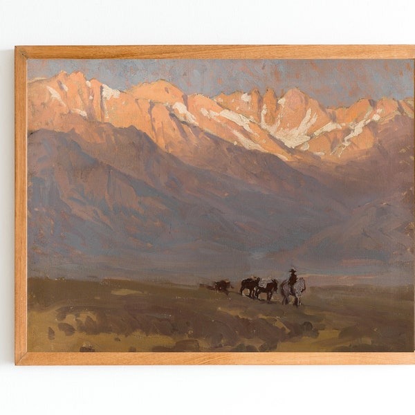 IMPRESSION D'ART | peinture à l'huile occidentale vintage | Impression d'art mural Far West | Décoration d'intérieur High Sierra | Cavalier avec chevaux de bât sous le mont Whitney