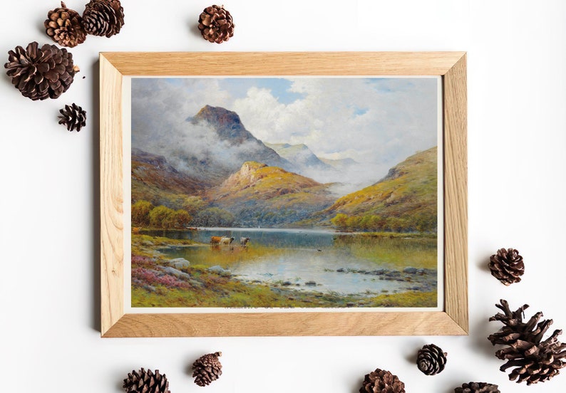Mountain Lake Painting Mountain Landscape Art FREE SHIPPING Cow Herd Oil Painting Farmhouse Decor