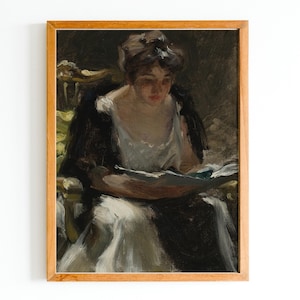 ART PRINT | Vintage Reading Woman Oil Painting | Antique Female Portrait Art | Book Reading Art | Dark Figurative Painting | Retro Fashion